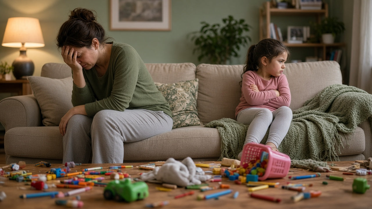 A tired parent and withdrawn child after a hard moment