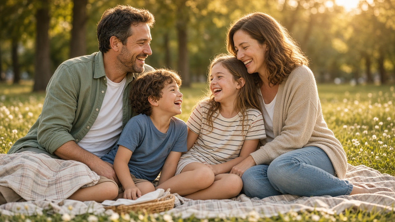 A calm family together in afternoon light
