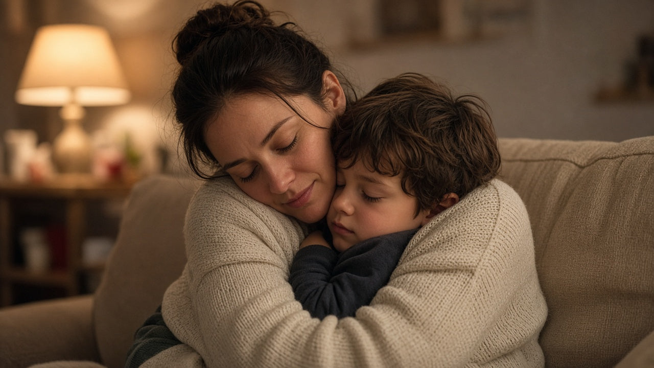 Parent and child hugging after a hard moment